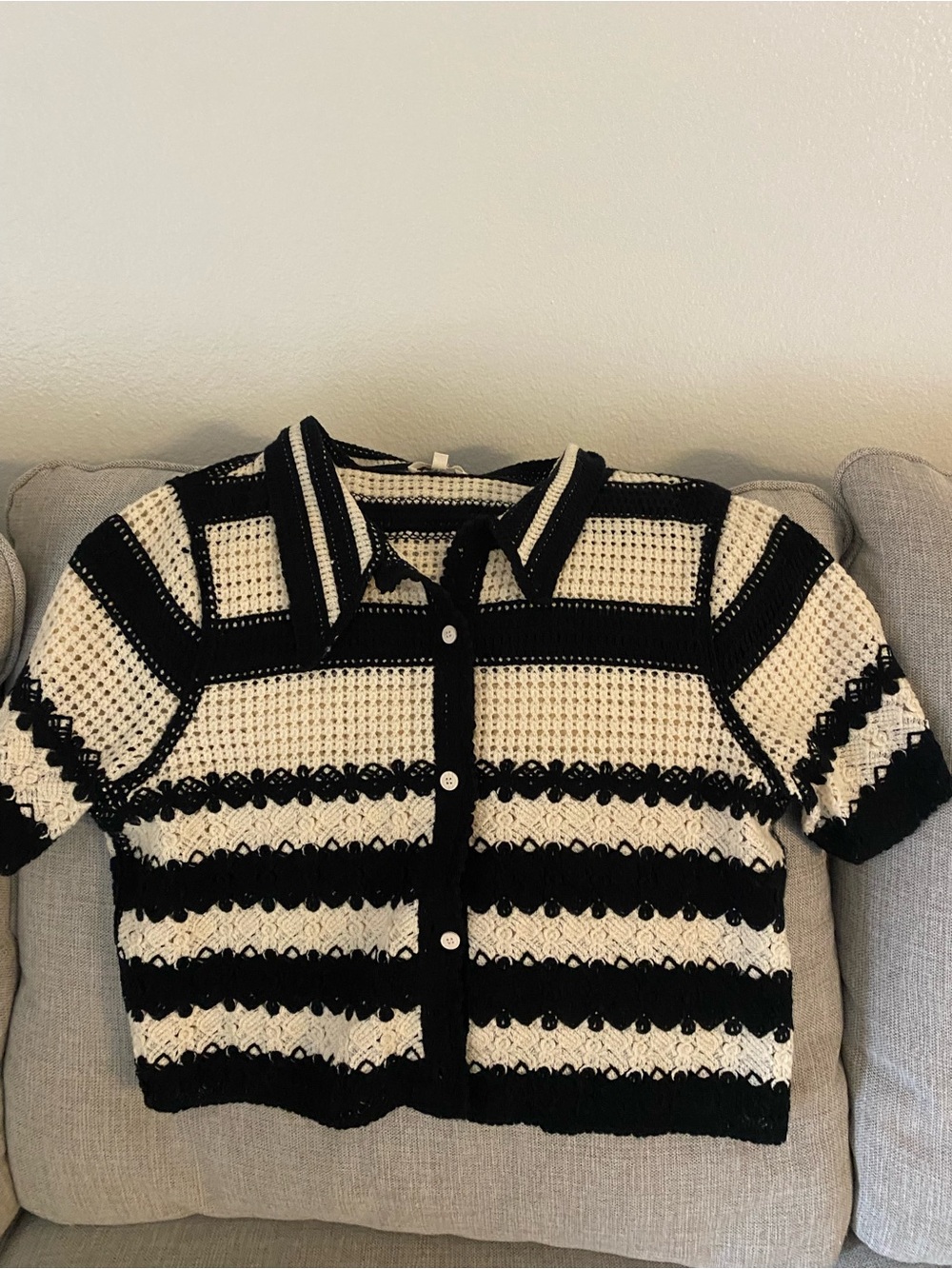 Cropped Striped V-Neck Button Sweater in Black and Cream